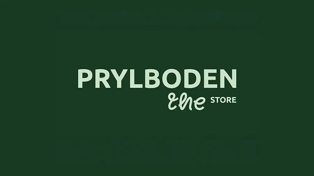 Logotyp på butiken med texten Prylboden the store.